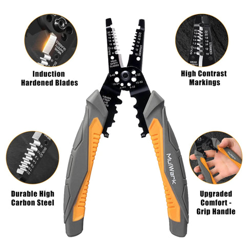 Front view of Do It All Automatic Self Adjusting Wire Stripper Cutter And Crimper For Electrical Wires From 8 AWG To 30 AWG 8 Inch Handy Multi Tool