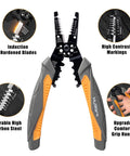 3 In 1 Automatic Wire Stripper Cutter And Crimper Self Adjusting Pliers For Electrical Wire From 30 AWG To 8 AWG with ergonomic handle.