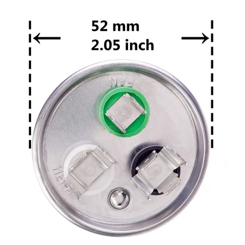 Top view of Dual Run Capacitor 25 To 10 uF Plus Minus 6 Percent 370 To 440 VAC CBB65B showing top terminals, 52mm diameter.