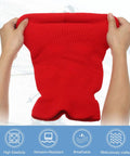 Red Three Hole Full Face Ski Mask Balaclava for Winter Sports, knit polyester flexible fabric, held by hands, background shows skiing icon