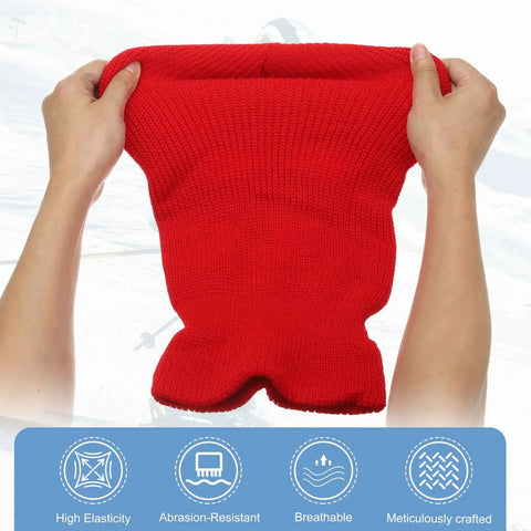 Red Three Hole Full Face Ski Mask Balaclava for Winter Sports, knit polyester flexible fabric, held by hands, background shows skiing icon