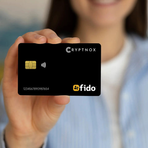 Fido2 Certified Multi Factor Auth Token Nfc Smart Card held in hand, showcasing dual interface design for secure logins.