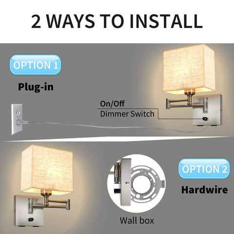 Dimmable Wall Sconce With Swing Arm 7.1 Inch Reading Light Plug In Wall Lamp With Dual USB Ports Flexible Cord Installation Options