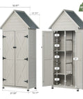 Weatherproof Outdoor Storage Shed With Floor And Adjustable Shelves For Patio Or Garden Rugged Wooden Tool Cabinet 71 Inch Vertical Organizer And Easy Assembly And Yard Ready Design, showing the cabinet dimensions and open view of shelves.