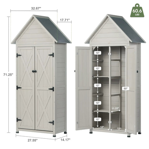 Weatherproof Outdoor Storage Shed With Floor And Adjustable Shelves For Patio Or Garden Rugged Wooden Tool Cabinet 71 Inch Vertical Organizer And Easy Assembly And Yard Ready Design, showing the cabinet dimensions and open view of shelves.