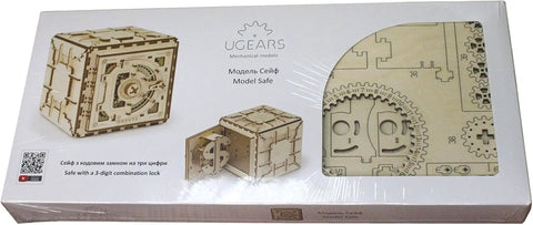 Wooden Safe Puzzle Box With 3 Digit Combination Lock, DIY Mechanical 3D Puzzle Kit For Adults, No Glue, Real Lock Mechanics, 179 Laser Cut Parts, Display Ready Finish Mind Bending Brain Teaser. Box packaging with wooden safe model and 3-digit lock