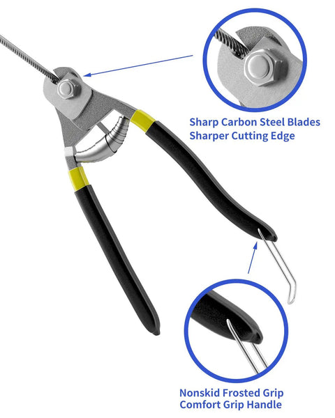 Steel cutter for 1/8 Inch T316 Stainless Steel Cable Railing Kit with sharp carbon blades and nonskid grip for outdoor use.