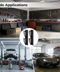 Garage with various tools and vehicles; inset shows Beefy Heavy Duty Jack Stands Wall Mount Storage Racks For Garage