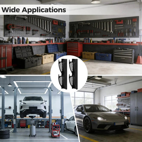 Garage with various tools and vehicles; inset shows Beefy Heavy Duty Jack Stands Wall Mount Storage Racks For Garage