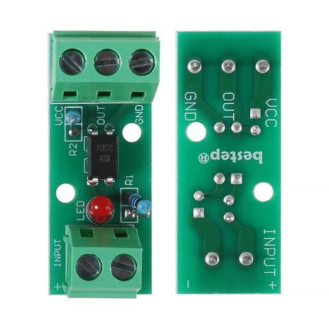 Top view of One Channel PC817 Optocoupler Isolation Module for PLC Drives and Motor Control showing terminals and chip layout.