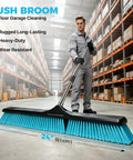 24 Inch Heavy Duty Push Broom With Stainless Steel Handle For Outdoor Commercial Sweeping And Patio Cleanup in use for floor cleaning.
