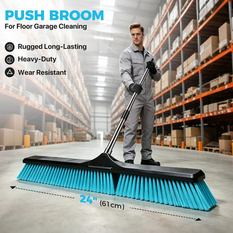 24 Inch Heavy Duty Push Broom With Stainless Steel Handle For Outdoor Commercial Sweeping And Patio Cleanup in use for floor cleaning.