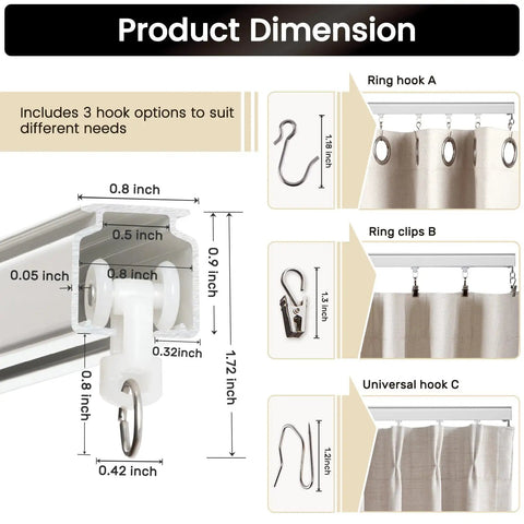 Beefy Heavy Duty Aluminum Curtain Track Kit For Ceiling Or Wall Mount White 9 To 12 Feet One Pack With Reinforced Brackets And Premium Aluminum Alloy Durable Glide Rail For Drapes Light Curtains And Room Dividers, with hook options and dimensions