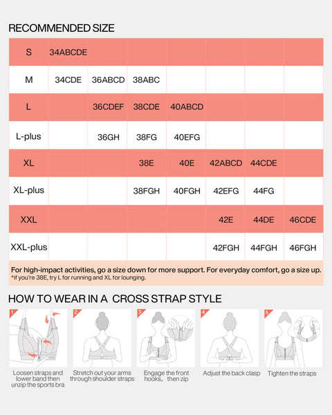 Size chart and instructions for Zip Front Adjustable High Impact Sports Bra For Women With Large Breasts Full Coverage For Workout