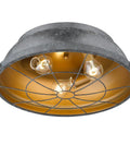 Underside view of Bartlett Industrial Vintage Vibe Flush Mount Ceiling Light With Caged Diffuser And Exposed Hardware Black Patina Finish