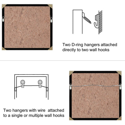 Diagram showing Heavy Duty D Ring Steel Picture Hangers With Screws 20 Pack Double Hole Clips for frames, visuals of attachment methods.