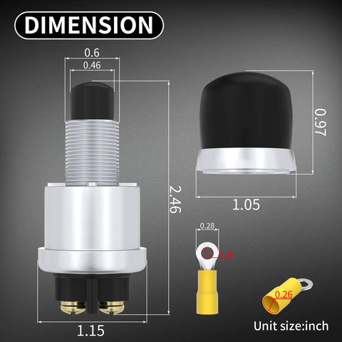 Dimensions of 12V 24V Waterproof Kickstart Push Button Switch 50A Heavy Duty Momentary SPST With Neoprene Weatherproof Cover