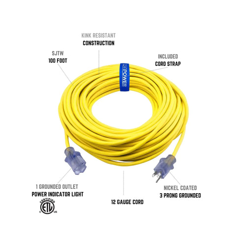 Heavy Duty Outdoor Extension Cord 100 Ft Green With Lighted Connector 12/3 SJTW Weatherproof Water Resistant Flame Retardant