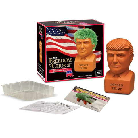 Presidential Chia Seed Planter Kit With Seed Pack, Donald Trump Edition with terracotta pot and packaging, easy to grow decor.