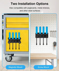 Magnetic Four Slot Pry Bar Holder with Wall Mount Option, Grooved Slot Design Tool Rack installed on a cabinet and wall.