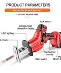 Heavy Duty Cordless Reciprocating Saw Variable Speed Up To 3000 Spm with rubberized handle, LED light, and quick chuck feature.