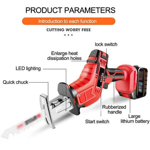 Heavy Duty Cordless Reciprocating Saw Variable Speed Up To 3000 Spm with rubberized handle, LED light, and quick chuck feature.