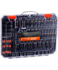 Beefy Magnetic Impact Nut Driver Set 80 Piece Kit With Metric And SAE Sizes in clear storage box, showing contents arrangement.