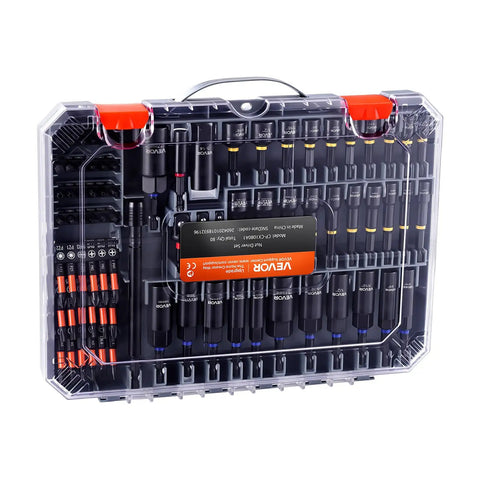 Beefy Magnetic Impact Nut Driver Set 80 Piece Kit With Metric And SAE Sizes in clear storage box, showing contents arrangement.