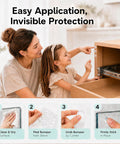 Mother and daughter applying 256 Piece Bulk Pack Clear Silicone Cabinet Door Bumpers Sticks Like Glue Half Inch Rubber Furniture Protectors.