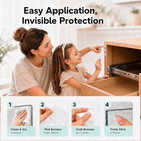 Mother and daughter applying 256 Piece Bulk Pack Clear Silicone Cabinet Door Bumpers Sticks Like Glue Half Inch Rubber Furniture Protectors.