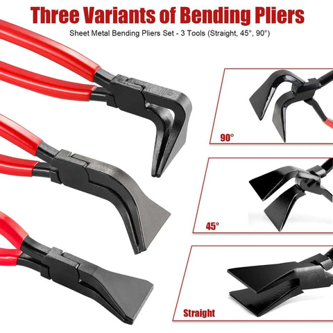 Three Piece Sheet Metal Bending Pliers Set With Straight 45 Degree And 90 Degree Jaws showcased in the image