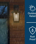 One Light Outdoor Wall Lantern With Granite Textured Glass And Built In GFCI Outlet No Fuss Weatherproof Grey Graphite Finish lit on rainy wooden wall