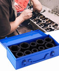 Huge 10 Piece Deep Impact Socket Set With 1 Inch Drive And Steel Construction Perfect For Gnarly Automotive Jobs Or Heavy Industrial Fixes Comes With Neat Blue Storage Box To Keep Tools Snug. Blue box with 10 deep impact sockets for engine repair