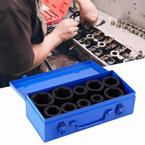 Huge 10 Piece Deep Impact Socket Set With 1 Inch Drive And Steel Construction Perfect For Gnarly Automotive Jobs Or Heavy Industrial Fixes Comes With Neat Blue Storage Box To Keep Tools Snug. Blue box with 10 deep impact sockets for engine repair
