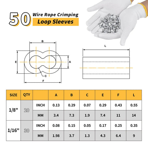 Pro Grade Wire Rope Crimping Tool Kit For 3/64 In To 1/8 In Cable Beefy Heavy Duty Swaging Tool With Aluminum Oval Sleeves And Ferrules 50 Piece Crimping Kit For Deck Railing Fencing Pliers Included diagram and size chart.
