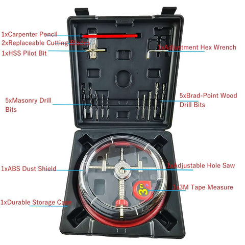 AeKeatDa adjustable hole saw kit in a storage case with ABS dust cover for 1-5/8 to 8 inches, Amazon brand.