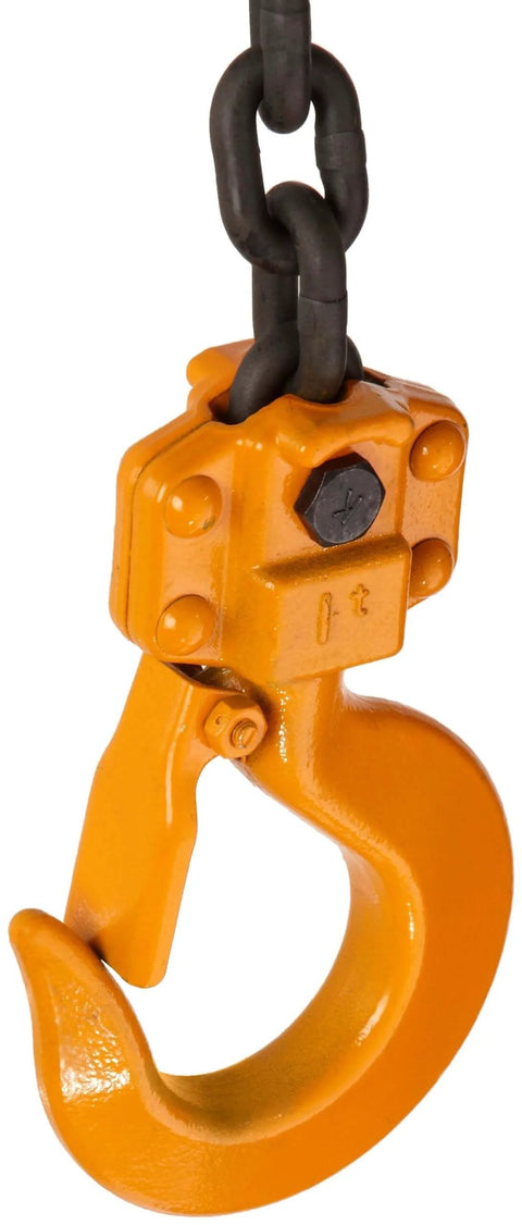 Close-up of CF Hand Chain Hoist With Hook Mount 1 Ton Capacity 20 Ft Lift, showing hook and chain; die cast aluminum body visible.