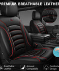 Interior view showing 3D Foam PU Leather Car Seat Covers Universal Full Set for Trucks SUVs and Sedans with Black Red diamond stitching.