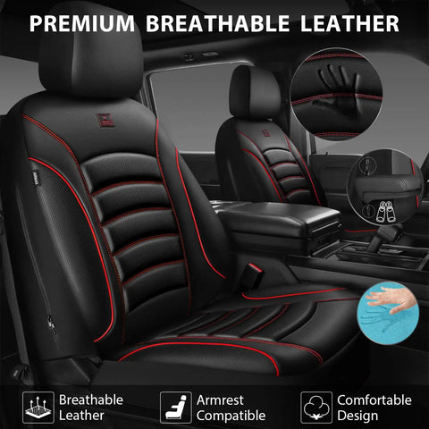 Interior view showing 3D Foam PU Leather Car Seat Covers Universal Full Set for Trucks SUVs and Sedans with Black Red diamond stitching.