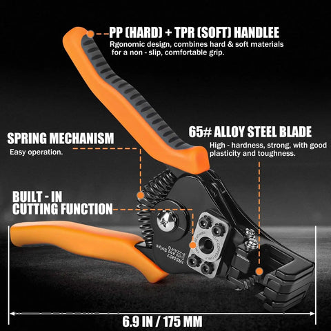 Heavy Duty Wire Stripper And Cutter For Electricians with 65# alloy steel blade, features spring mechanism and ergonomic handle, 6.9 in size.