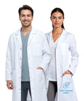 Unisex Button Front Lab Coat With Roomy Fit That Fits Over Clothes, Practical Medical Workwear Jacket, Size M worn by two models