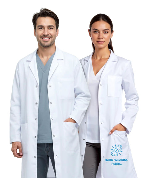 Unisex Button Front Lab Coat With Roomy Fit That Fits Over Clothes, Practical Medical Workwear Jacket, Size M worn by two models