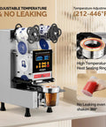Fully Automatic Cup Sealing Machine With LCD Display For Bubble Tea And Coffee in silver finish, showing adjustable temperature settings.