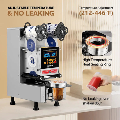 Fully Automatic Cup Sealing Machine With LCD Display For Bubble Tea And Coffee in silver finish, showing adjustable temperature settings.