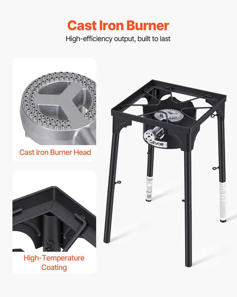 Single Burner Outdoor Propane Gas Stove 100,000 BTU LPG Camping Cooker With Tall Stand And PSI Regulator, showing cast iron burner head and high-temp coating.
