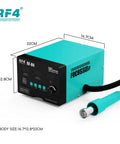 Soldering Station With Digital LCD Display For Mobile Phone Motherboard PCB BGA showing dimensions and turquoise body