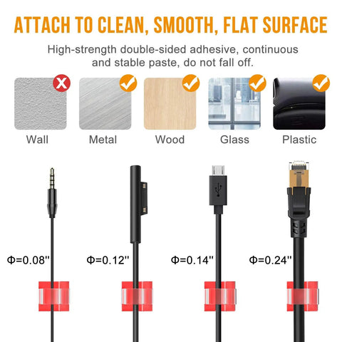 Clear Cable Clips 100 Pack Small 0.55 X 0.56 X 0.32 Inch Durable Adhesive Wire Organizer showing compatibility with various surfaces and cables.