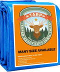 Heavy Duty Waterproof Tarp 20x30 Blue Poly Tarpaulin 16 Mil Thick With Metal Grommets Every 19.5 Inches, packaging with deer graphic