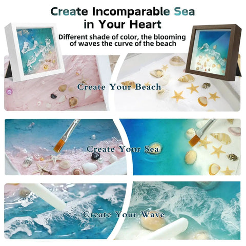 Coastal Sea Resin Art Kit For Teens And Adults With UV Light All-Inclusive Beginner Friendly DIY Beach Craft Gift Set For Coastal Decor Glowing Ocean Scene Frames Pigments And Tools Included with sand and shells.