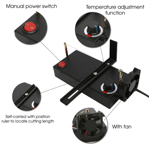 Electric Ribbon Cutter And Sealer With Adjustable Heat Range featuring power switch, temperature controls, and fan